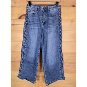 Judy Blue High Waist Crop Wide Leg Blue Jeans 88850 Braided Sides Size 7/28